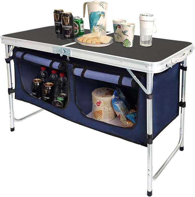 Outdoor folding table - Aluminum, lightweight, adjustable height - Comes with storage rack - Suitable for barbecues, parties, camping