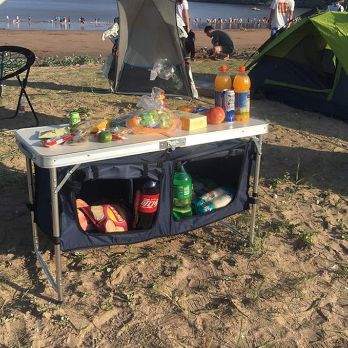 Outdoor folding table - Aluminum, lightweight, adjustable height - Comes with storage rack - Suitable for barbecues, parties, camping