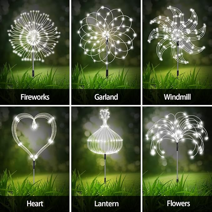 Solar Garden Firework Lights Outdoor 8 Pack, 8 Modes, 120 LED Waterproof Copper Wire DIY Solar Decorative Lights with Remote Control, for Yard Pathway Party Decor