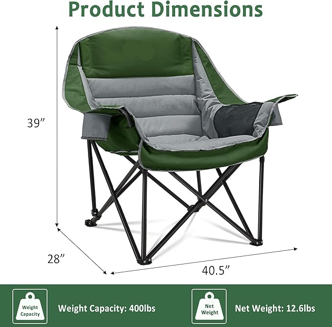 Extra-large camping chair, portable folding camping chair, with side pockets, cup holder and carrying bag, heavy-duty outdoor camping chair