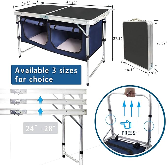 Outdoor folding table - Aluminum, lightweight, adjustable height - Comes with storage rack - Suitable for barbecues, parties, camping