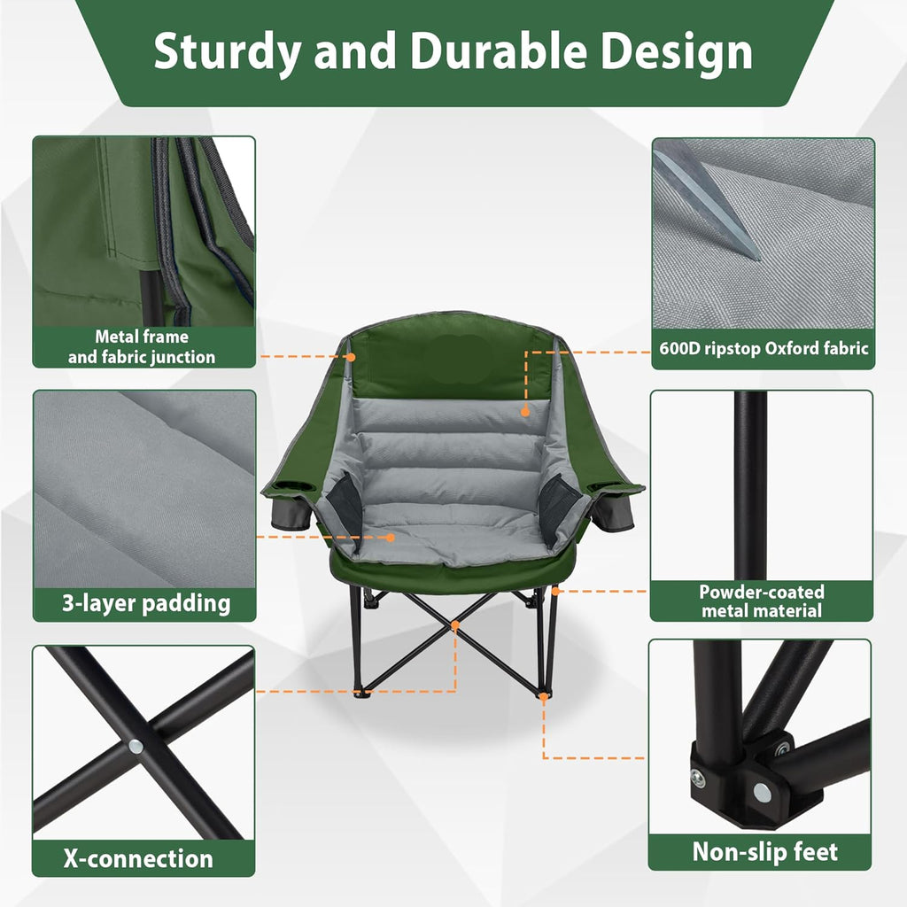 Extra-large camping chair, portable folding camping chair, with side pockets, cup holder and carrying bag, heavy-duty outdoor camping chair