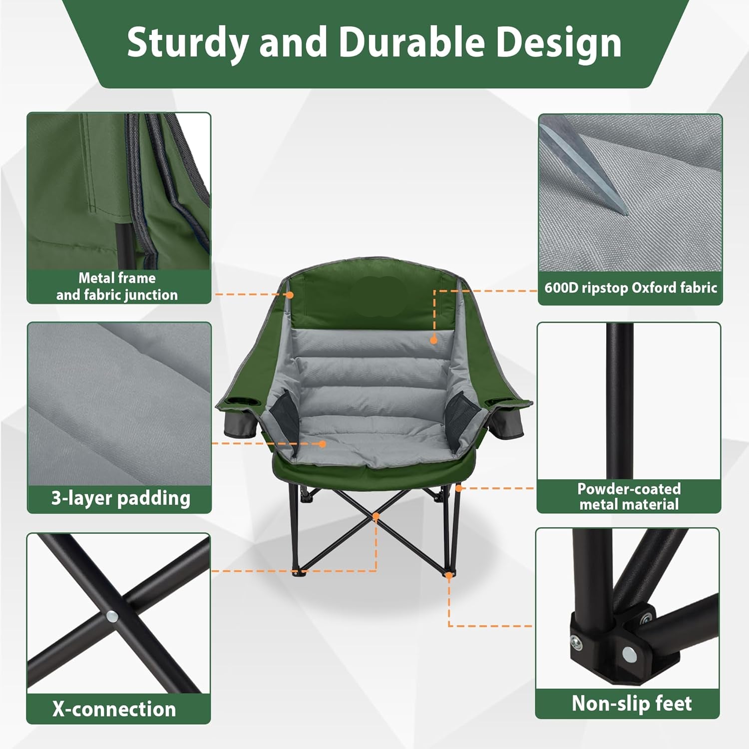Extra-large camping chair, portable folding camping chair, with side pockets, cup holder and carrying bag, heavy-duty outdoor camping chair