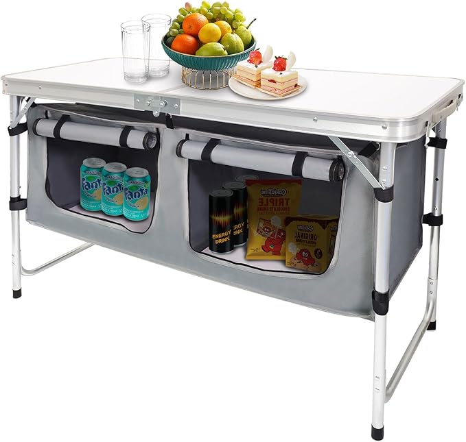 Outdoor folding table - Aluminum, lightweight, adjustable height - Comes with storage rack - Suitable for barbecues, parties, camping