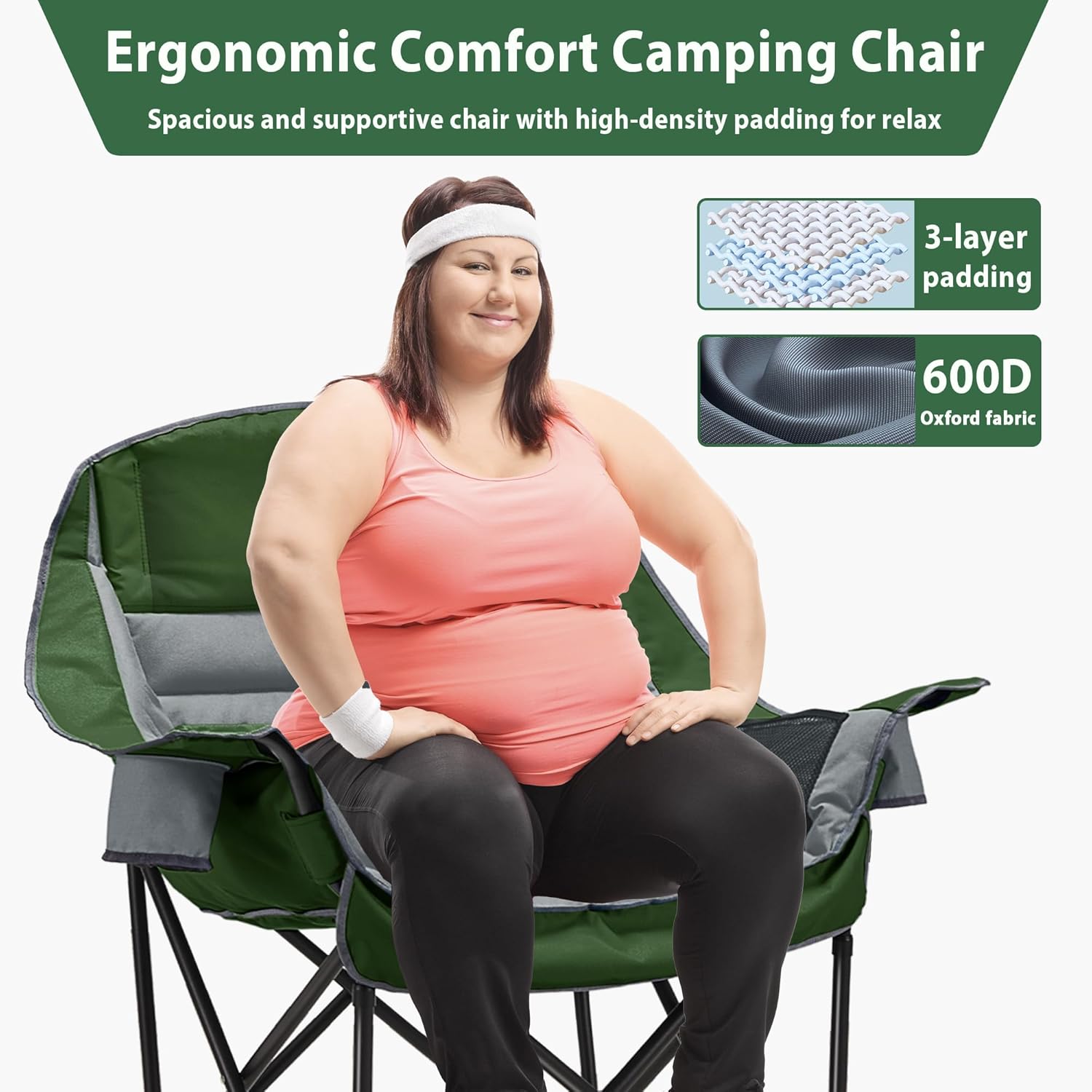Extra-large camping chair, portable folding camping chair, with side pockets, cup holder and carrying bag, heavy-duty outdoor camping chair