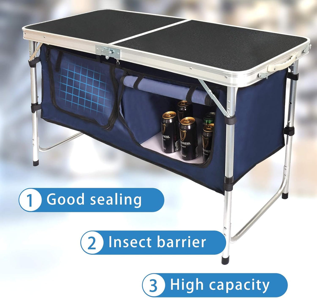 Outdoor folding table - Aluminum, lightweight, adjustable height - Comes with storage rack - Suitable for barbecues, parties, camping