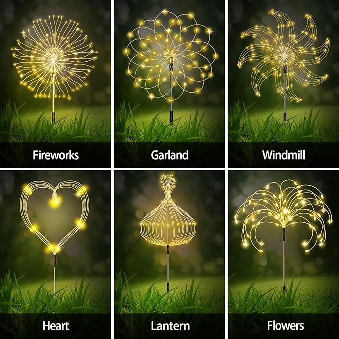 Solar Garden Firework Lights Outdoor 8 Pack, 8 Modes, 120 LED Waterproof Copper Wire DIY Solar Decorative Lights with Remote Control, for Yard Pathway Party Decor