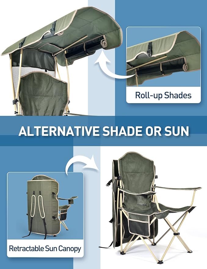 The beach chair has a sunshade, and the folding camping chair has a cup holder. The side pockets are suitable for camping.