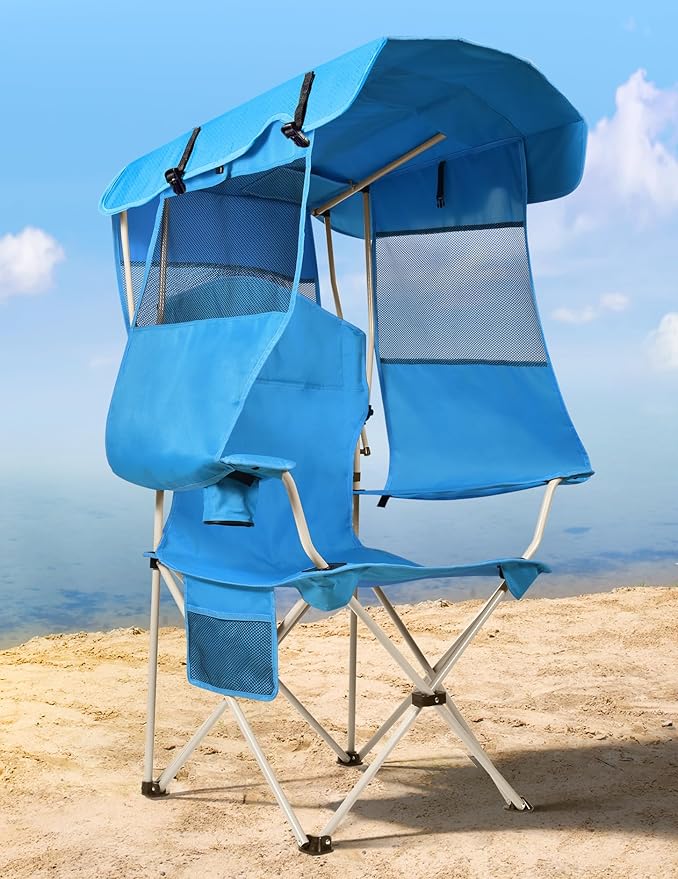 The beach chair has a sunshade, and the folding camping chair has a cup holder. The side pockets are suitable for camping.