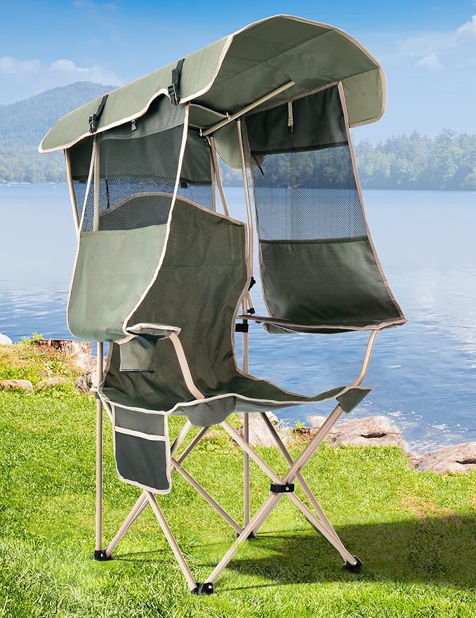 The beach chair has a sunshade, and the folding camping chair has a cup holder. The side pockets are suitable for camping.