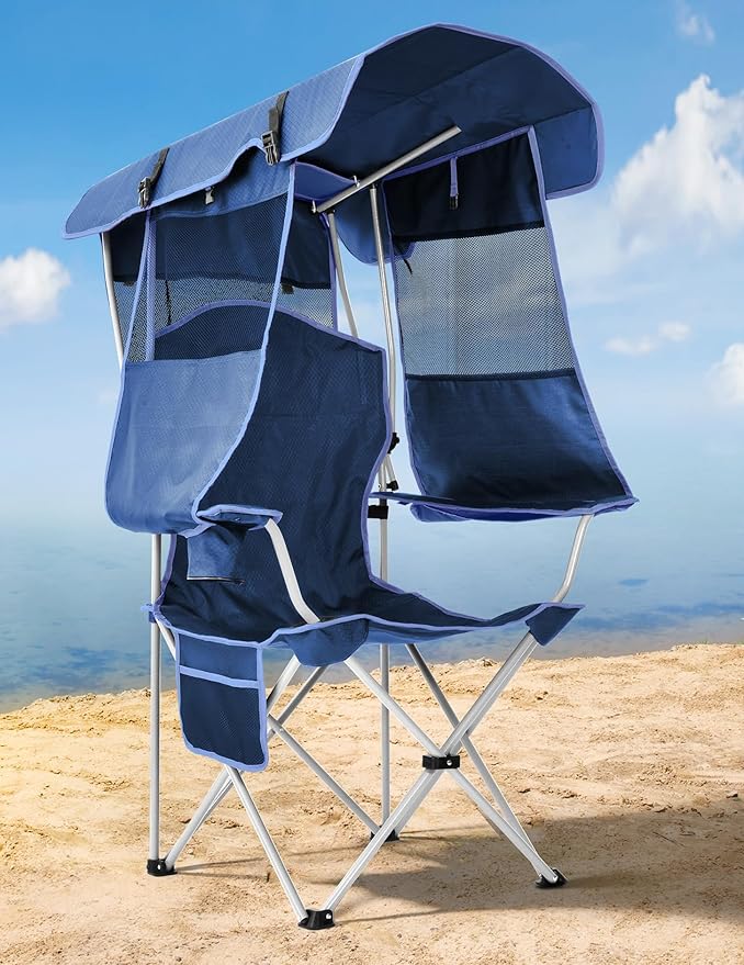 The beach chair has a sunshade, and the folding camping chair has a cup holder. The side pockets are suitable for camping.