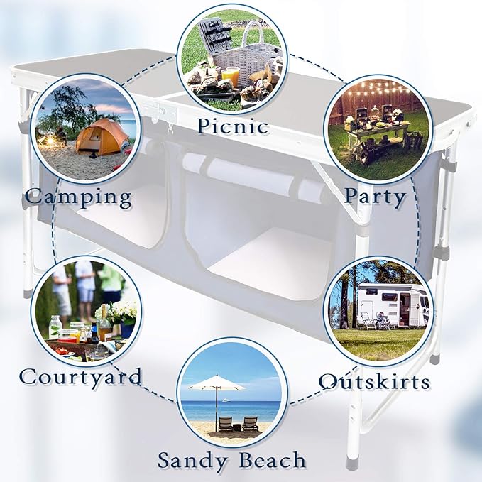 Outdoor folding table - Aluminum, lightweight, adjustable height - Comes with storage rack - Suitable for barbecues, parties, camping