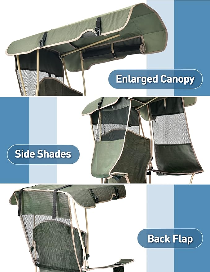 The beach chair has a sunshade, and the folding camping chair has a cup holder. The side pockets are suitable for camping.