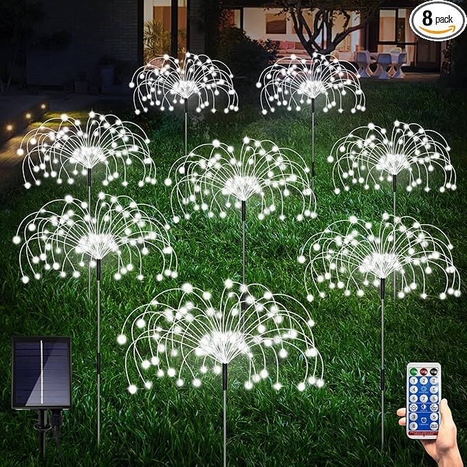 Solar Garden Firework Lights Outdoor 8 Pack, 8 Modes, 120 LED Waterproof Copper Wire DIY Solar Decorative Lights with Remote Control, for Yard Pathway Party Decor