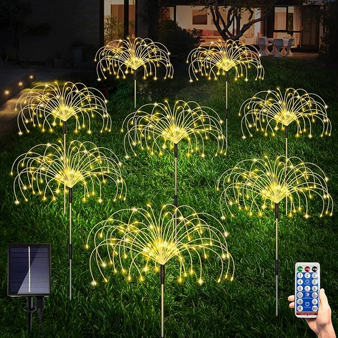 Solar Garden Firework Lights Outdoor 8 Pack, 8 Modes, 120 LED Waterproof Copper Wire DIY Solar Decorative Lights with Remote Control, for Yard Pathway Party Decor