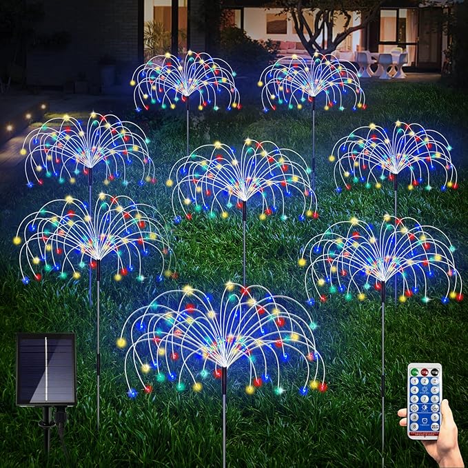 Solar Garden Firework Lights Outdoor 8 Pack, 8 Modes, 120 LED Waterproof Copper Wire DIY Solar Decorative Lights with Remote Control, for Yard Pathway Party Decor