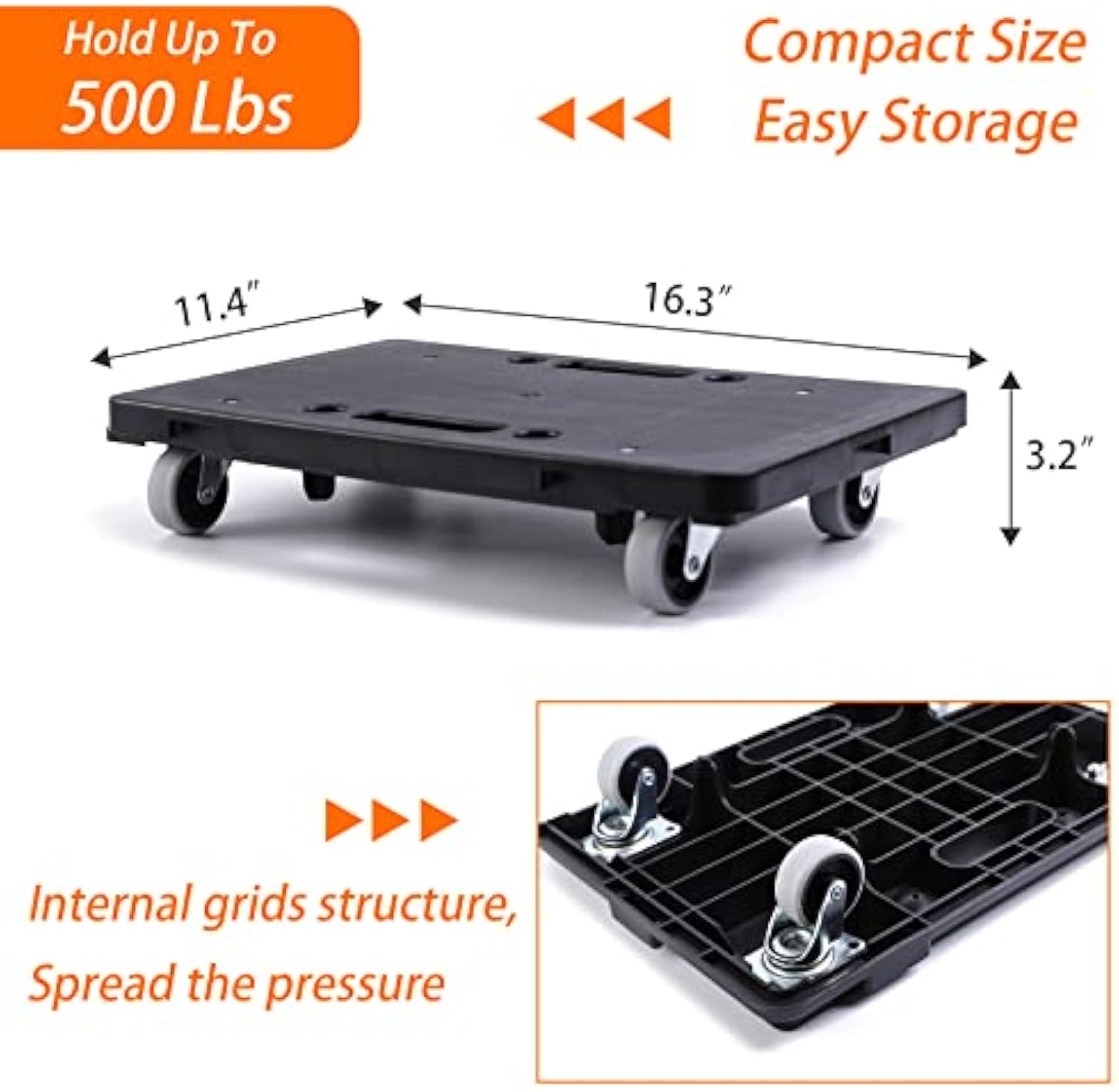 Furniture Dolly,Moving Dolly 4 Wheels Heavy Duty,16in-11in 500lbs Capacity,Furniture Movers Dollys with Wheels,Small Flat Cart with 2 Ropes, 2 Pack, Black (Black)