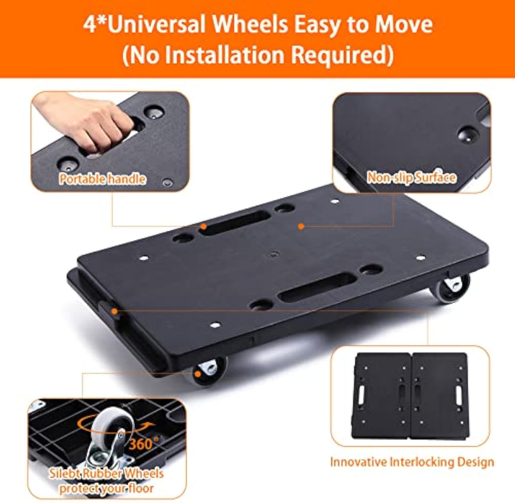 Furniture Dolly,Moving Dolly 4 Wheels Heavy Duty,16in-11in 500lbs Capacity,Furniture Movers Dollys with Wheels,Small Flat Cart with 2 Ropes, 2 Pack, Black (Black)