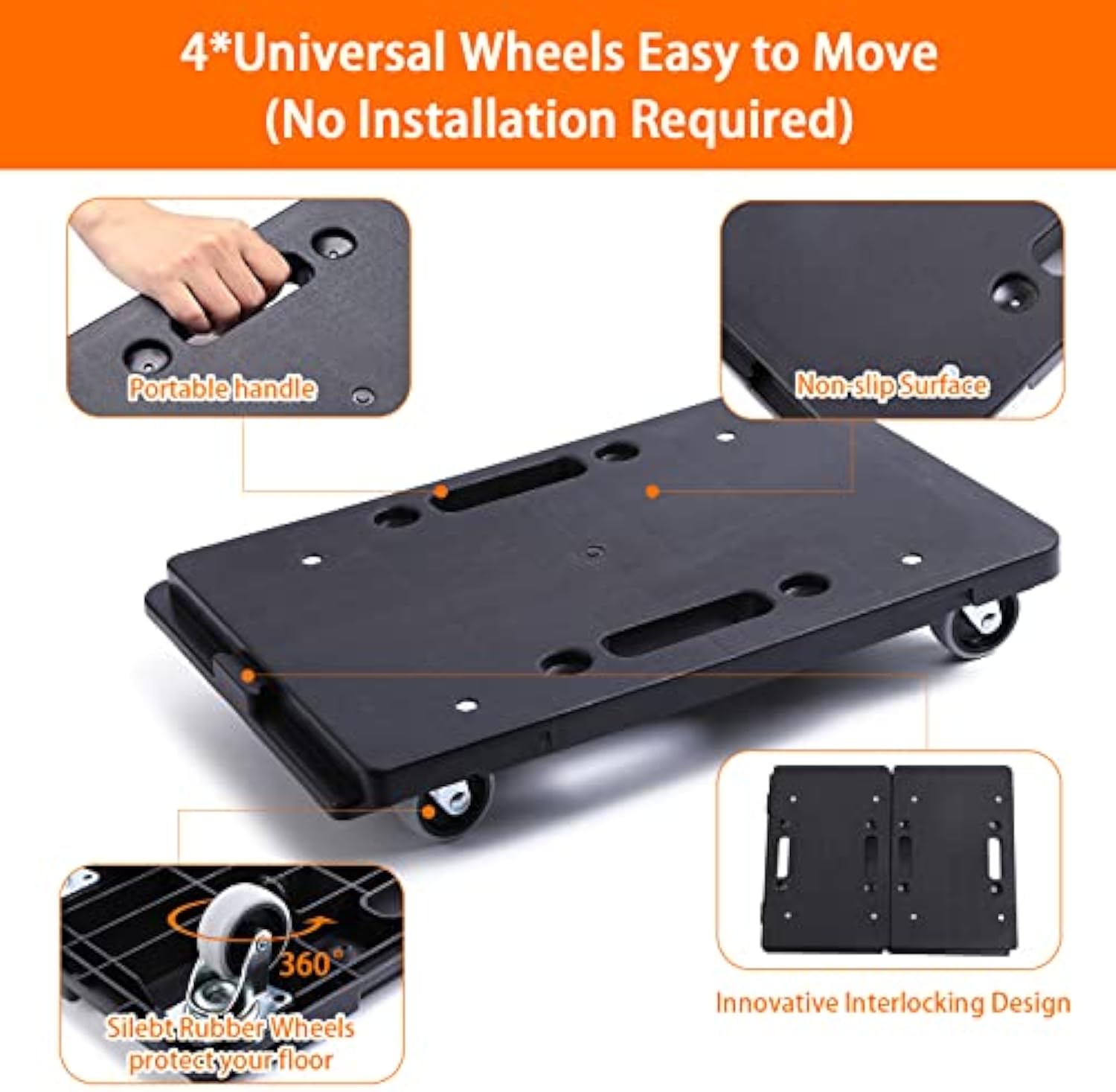 Furniture Dolly,Moving Dolly 4 Wheels Heavy Duty,16in-11in 500lbs Capacity,Furniture Movers Dollys with Wheels,Small Flat Cart with 2 Ropes, 2 Pack, Black (Black)